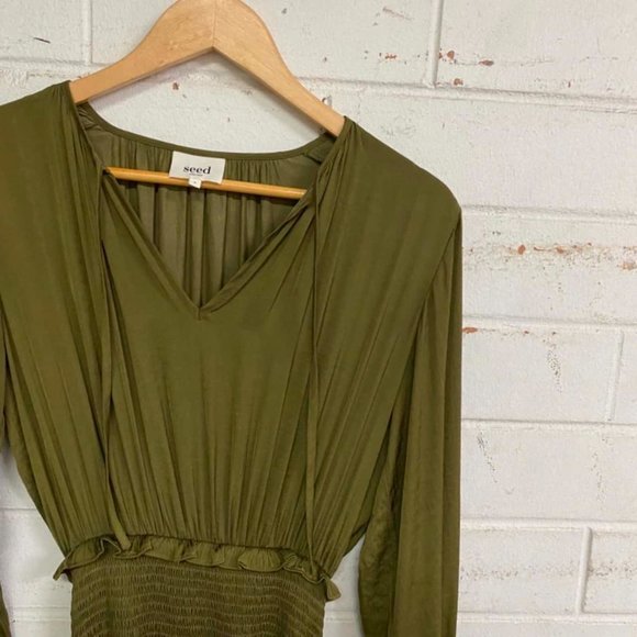 SEED HERITAGE Khaki Green Tiered Frill Long Sleeve Mini Dress - Picture 12 of 13